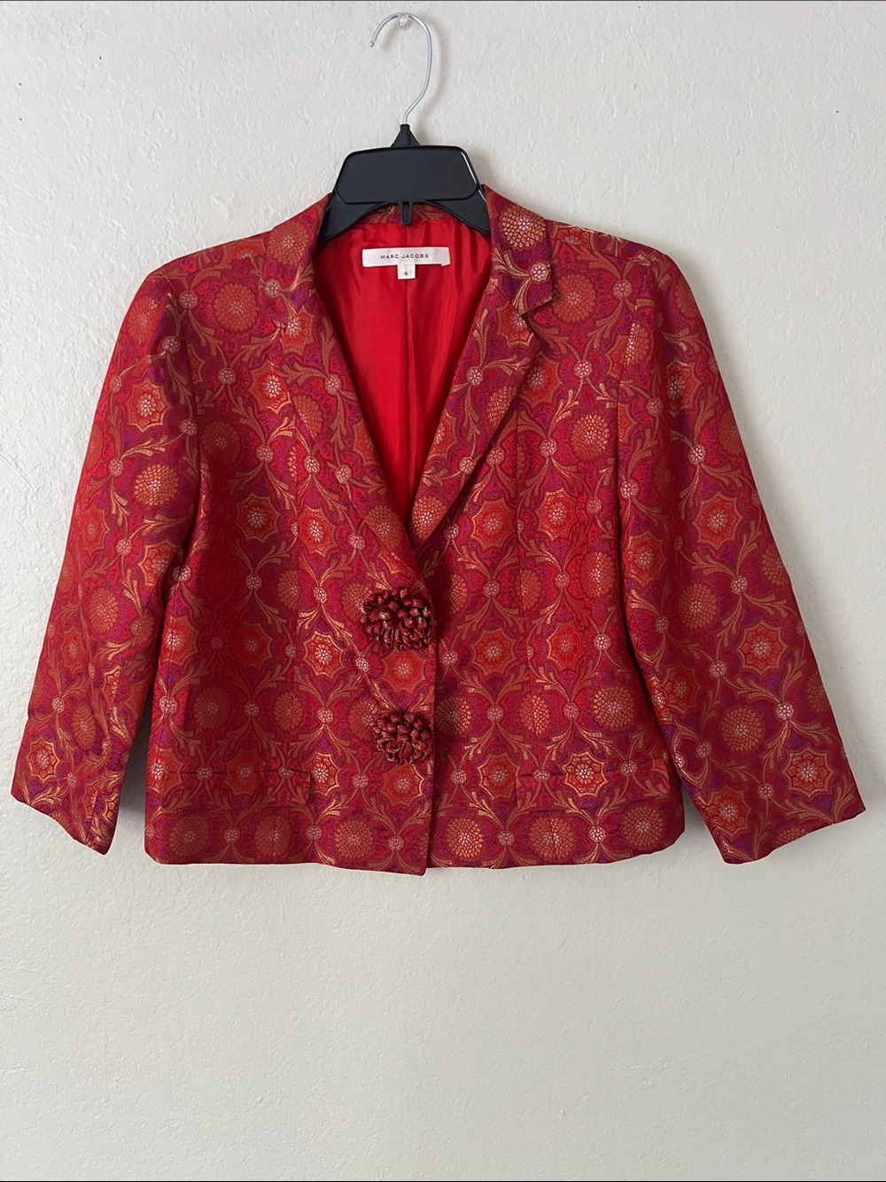 Like New! Marc Jacobs Silk Blend Red Brocade Floral Cropped Blazer Jacket Size 6
